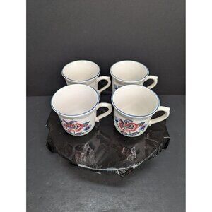 Tienshan Stoneware 2 Sided Floral Cup w/Blue Rim 8 Oz Replacement Lot of 4